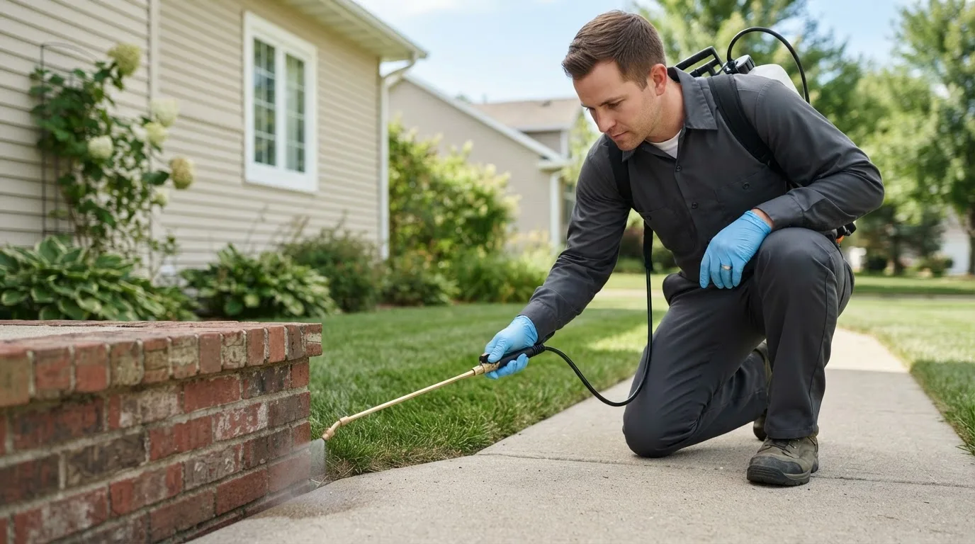 Pest control technician treating a home near Randolph, MN